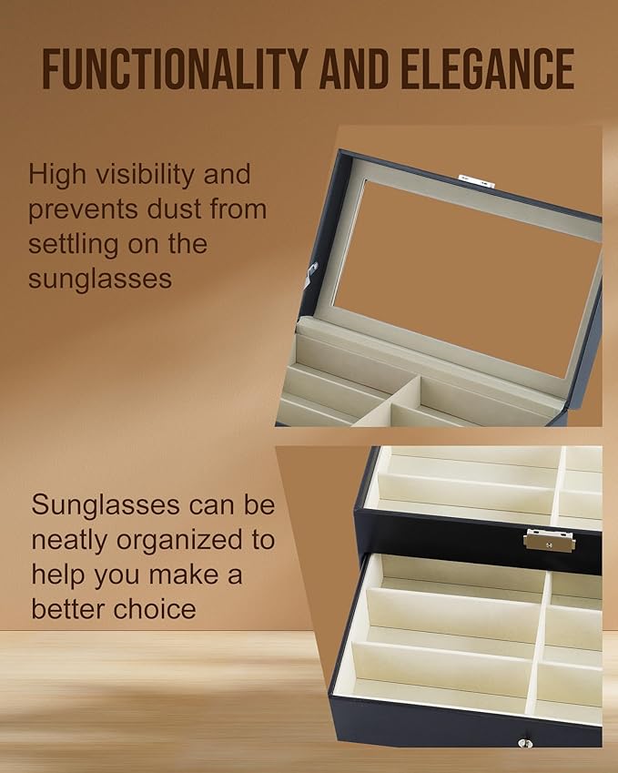 Anfrere 12 Slot Sunglasses Organizer, Lockable Leather Multi Eyeglasses Organizer with Drawers, Eyeglass Frames with Clear Glass Covers for Watch Jewelry Collection, Black