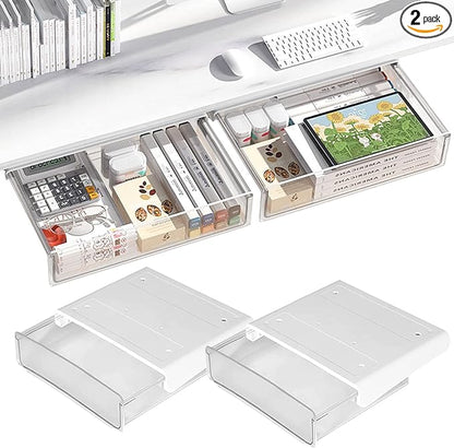 Self-adhesive Under Desk Drawer Organizer, 2 Pack Table Hidden Slide Out Large Storage Mounted Desktop Pencil Holder Tray Drawers for Office Home School Stationery Kitchen (Large, White)