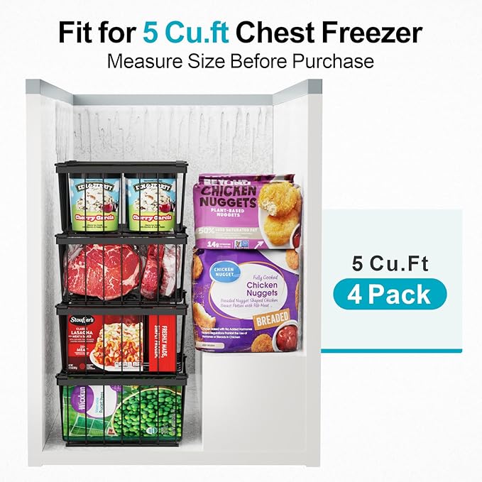 iSPECLE Freezer Organizer Bins - 4 Pack Stackable Deep Freezer Organizer Bins for 5 Cu.Ft Chest Freezer Easy Get Food from Bottom without Digging, Add Space Sort Store More Frozen Food, Black