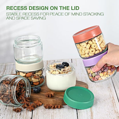Hoa Kinh Glass Food Storage Jars with Lids, 10oz 4Pack Leak Proof Small Glass Jars for Overnight Oats, Cereal, Clear Empty Glass Jars with Lids for Kitchen(Red, Green, Purple and White)