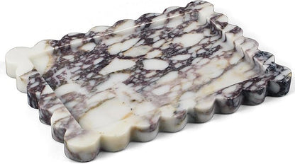 100% Real Natural Marble Tray, Genuine Calacatta Viola Scalloped Stone Tray, Luxury Decorative Trays for Bathroom Dresser, Vanity, Home, Kitchen Decor, Non-Resin/Ceramic, 10.6"x 8", Purple