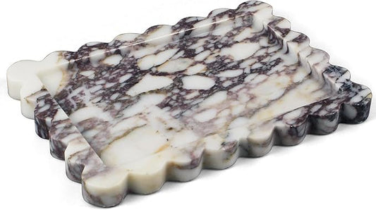 100% Real Natural Marble Tray, Genuine Calacatta Viola Scalloped Stone Tray, Luxury Decorative Trays for Bathroom Dresser, Vanity, Home, Kitchen Decor, Non-Resin/Ceramic, 10.6"x 8", Purple