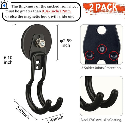 ULIBERMAGNET New Upgraded Garage Magnetic Hooks, 2 Pack Black Heavy Duty Large J Hooks with Magnet, Black Strong Anti-Slip Coating Magnet Hooks for Garden Tools, Ropes,Drill,Metal Cabinet,Pegboard