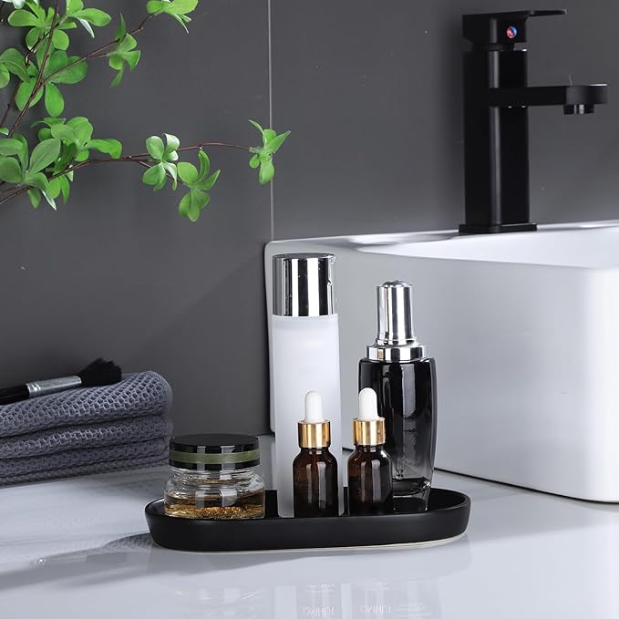 Eyrozia Matte Black Round Soap Dispenser Tray - 8'' Ceramic Vanity Tray for Bathroom Decorative, Jewelry Ring Dish, Comestic Holder, Kitchen Sink Countertop Organizer Plate