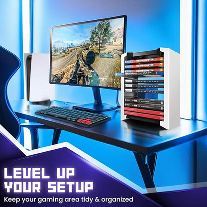 TNP Universal Video Game Storage Tower for PS5, PS4, PS3, Nintendo Switch, Xbox One, Xbox Series S/X - White Video Game Holder Organizer Stand with 12 CD Case Storage for Organizing & Displaying