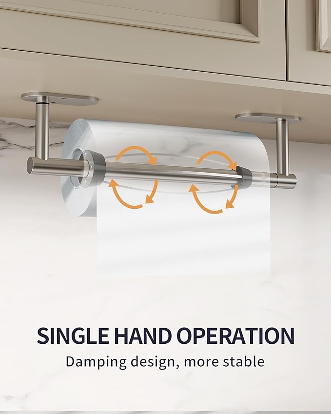 Paper Towel Holder Under Cabinet, Self Adhesive or Wall Mount for Kitchen Bathroom, Stainless Steel Paper Towel Holders with Damping Effect, Single Hand Operable (Silver)