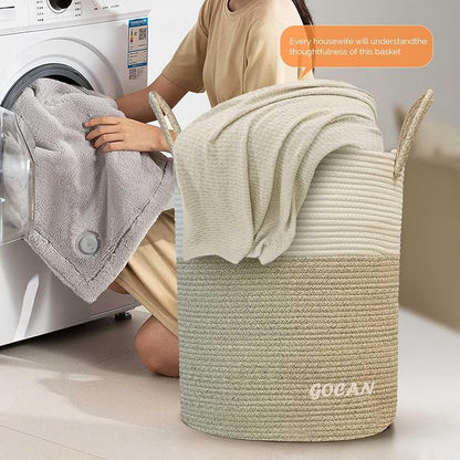 large tall sturdier Laundry Hamper Basket Woven Storage Baskets for clothes Pillows Blanket Toy in living or bed room decoration H50XD38cm borwn/beige