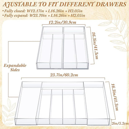 1 Pack Expandable Kitchen Drawer Organizer Clear Acrylic Utensil Organizer Adjustable Acrylic Silverware Storage for Drawers Silverware Flatware Knives (12 x 16 Inches,5-7 Compartments)