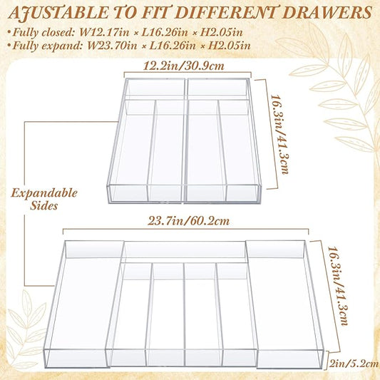 1 Pack Expandable Kitchen Drawer Organizer Clear Acrylic Utensil Organizer Adjustable Acrylic Silverware Storage for Drawers Silverware Flatware Knives (12 x 16 Inches,5-7 Compartments)