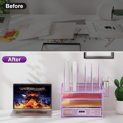 Marbrasse Desk Organizers, 4-Tier Mesh Desk File Organizer with 5 Vertical File Holders and 2 Pen Holders, Multifunction Desktop Organizer,Desk Organizers and Accessories for Home Office (Purple)
