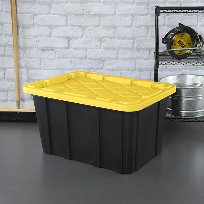 6-Pack 27-Gallon Industrial Totes - Rugged Black & Yellow Plastic Storage Bins with Secure Snap-On Lids, Stackable Design for Garage, Warehouse or Workshop Organization