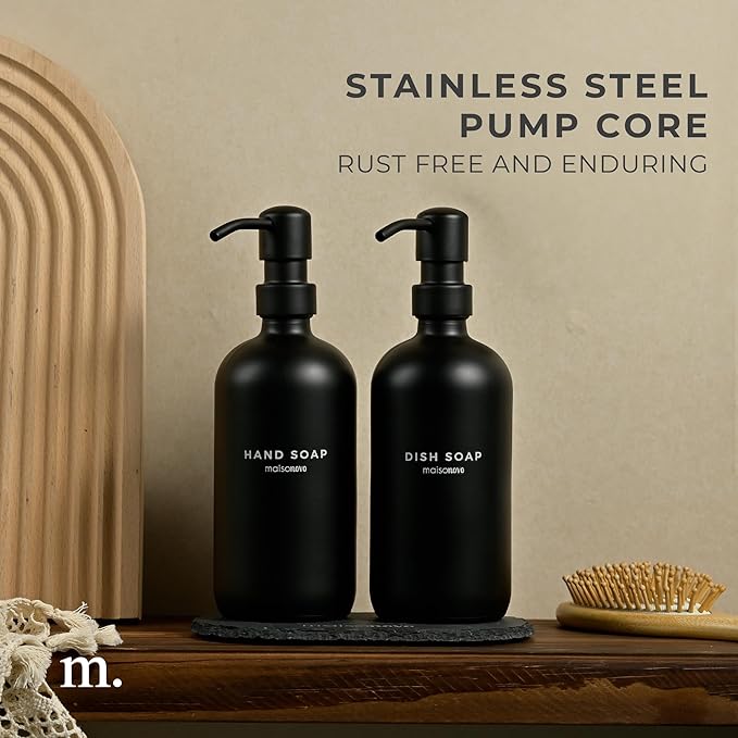 MaisoNovo Soap Dispenser 3-Piece Set | 16.9oz Black Bottles with Black Stainless Steel Pump Core