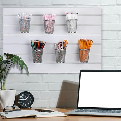 6 Set Slatwall Cups with Hook Loops, Mesh Steel Slatwall Tool Holder Bin Cups Pencil Holder Metal Slat Wall Organizer Accesories for Craft Garage Workshop Office Storage(Medium,Silver)