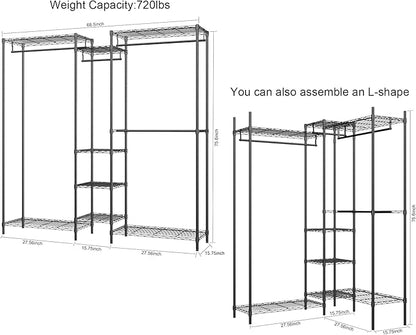 XIOFIO Heavy Duty Garment Rack, Metal Clothing Rack with 4 Hanging Rods and 4 Large Shelves 4 Small Shelves, Freestanding Portable Wardrobe Closet Rack, 68.5"L x 16.5"W x 76.7"H Max Load 720LBS, Black