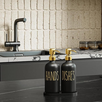 MOMEEMO Kitchen Soap Dispenser Set, Contains Hand and Dish Soap Dispenser, Suitable for Black and Gold Kitchen Decor. (Black & Gold)