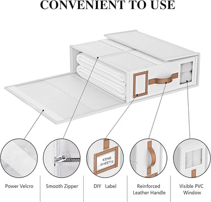3 Pack Foldable Bed Sheets Set Organizers and Storage(King & Queen Size),Linen Fabric Closet Organizers with Window,Folding Bedding Storage Box for Bedsheets and Pillow Cube Organizer-White