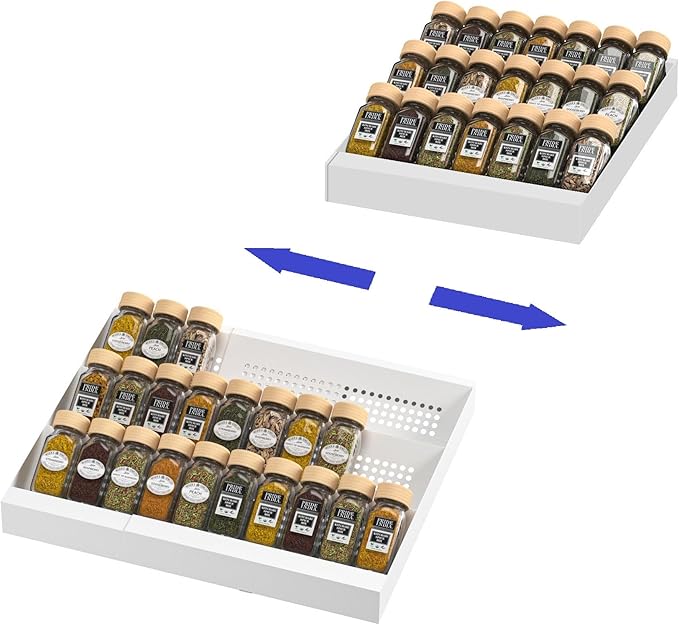 Wobmmi Expandable Metal Spice Drawer Organizer,3-Tier Slanted Seasoning Jars Tray for Kitchen Cabinet Drawers Insert/Countertop (Jars not included)-3Tier,2packs/White