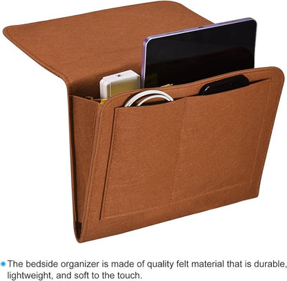 PATIKIL 11in Bedside Caddy, Bed Caddy Bedside Organizer Hanging 5 Pocket Soft Felt Bed Pockets Bedside Storage Organizer Remote Control Holder for Bedroom Phones Glasses, Brown