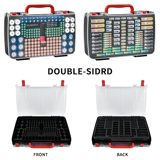 Double-Sided Battery Storage Organizer Case with BT-168 Tester, Holds 269, Fits AA AAA AAAA C D 9V 18650 CR123A CR2 23A 4LR44 and Coin Cells, Water-Resistant, Portable Handle - Black