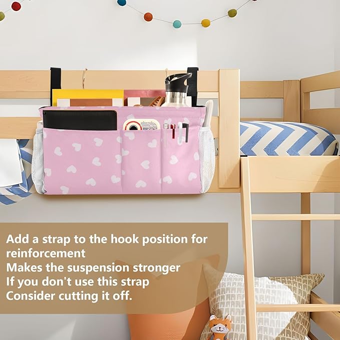 CuwrYet Bedside Caddy Hanging Bunk Bed Caddy Bed Organizer Hanging Pocket with 2 Hooks Bedside Storage Organizer Pocket Bag Holder Heart Pink