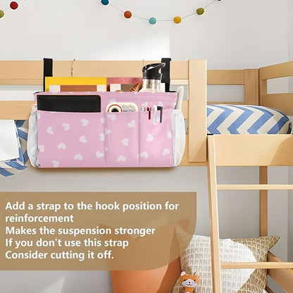 CuwrYet Bedside Caddy Hanging Bunk Bed Caddy Bed Organizer Hanging Pocket with 2 Hooks Bedside Storage Organizer Pocket Bag Holder Heart Pink