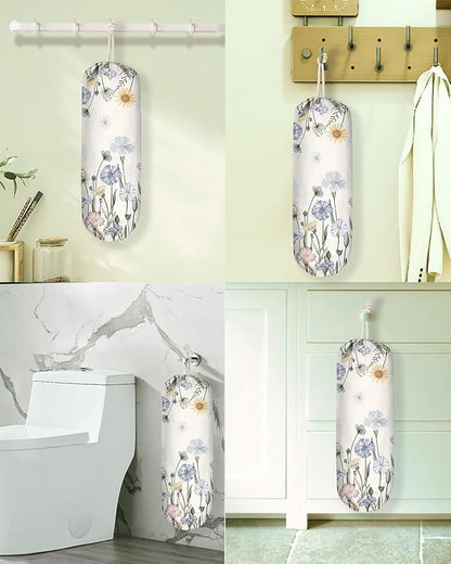 Plastic Bag Holder Organizer - 1 Pack Reusable Canvas Grocery Bags Holder Hanging Wall Cute Aesthetic Shopping Bag Storage Dispenser with Drawstring Closure for Kitchen Home, Color Floral