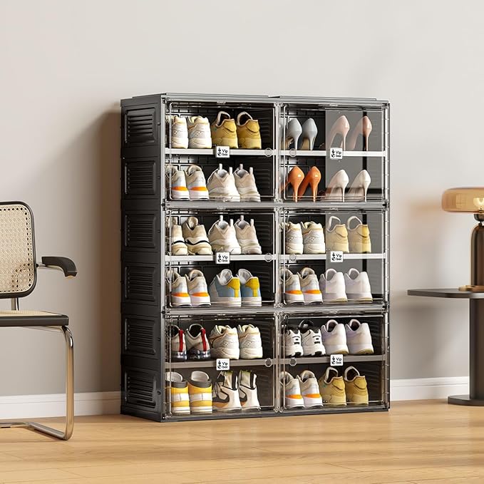 Vipbox Black Shoe Rack Organizer Cabinet for Closet Entryway,Clear Shoe Storage Boxes Stackable Sneaker Storage with Door Easy Assembly Shoe Cabinet with Lids Large 4 Tiers 16 Pairs