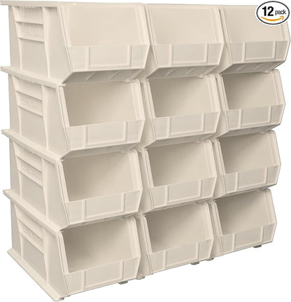 Akro-Mils 30240 AkroBins Plastic Storage Bins, Space-Saving Stackable Bins for Garage, Pantry, Craft Organization, 15" x 8" x 7", Stone, 12-Pack