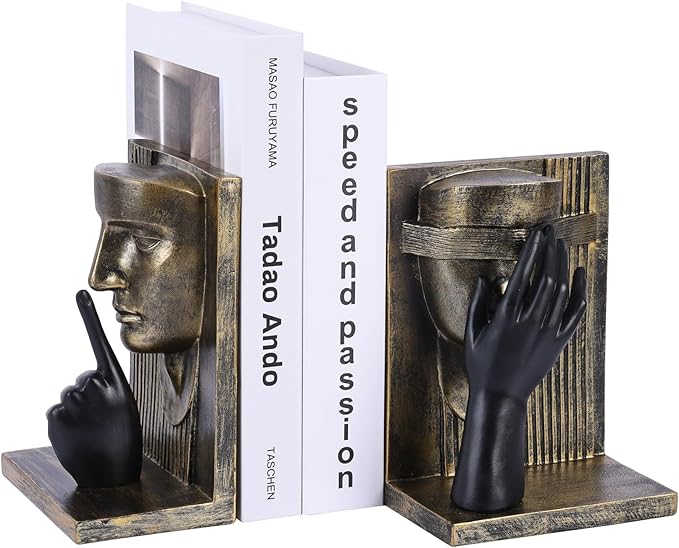 Decorative Bookends Set – Vintage Gold Face Sculptures & Modern Black & White – Resin Book Ends for Shelves, Heavy Book Stoppers, Brass-Look Bookends, Decorative for Home Office (Vintage)