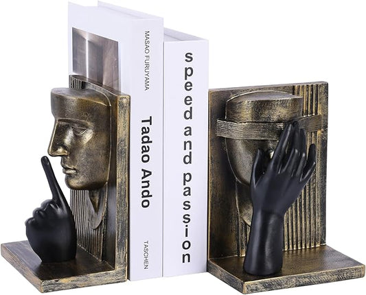 Decorative Bookends Set – Vintage Gold Face Sculptures & Modern Black & White – Resin Book Ends for Shelves, Heavy Book Stoppers, Brass-Look Bookends, Decorative for Home Office (Vintage)