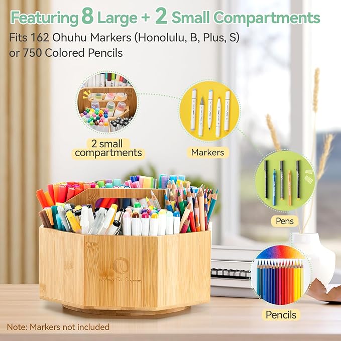 Ohuhu Rotating Marker Organizer for Alcohol Markers, 360-Degree Rotating Bamboo Storage Hold 162 Honolulu& B Alcohol Markers, Pens Pencil Holder with 8 Compartments for Home Classroom Office Decor