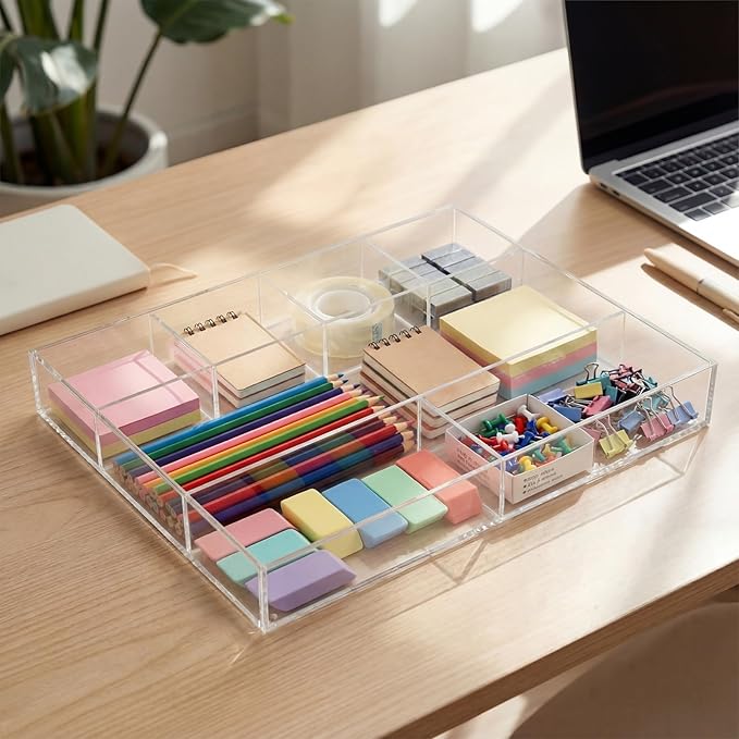 Briwooody Large Acrylic Desk Deep Drawer Organizer with Adjustable Dividers, Anti-Skip Clear Desk Top Organizer Tray for Pens, Desktop, Office, Bathroom, Kitchen, Makeup Supplies(7 Compartments)