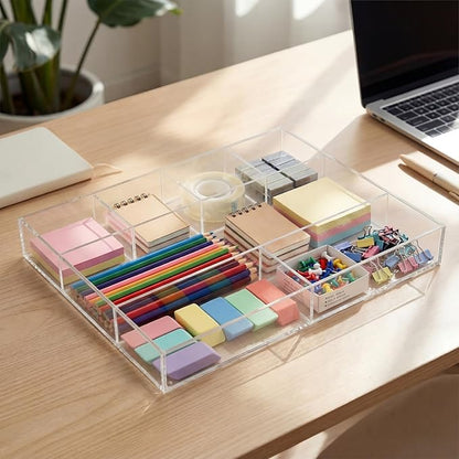 Briwooody Large Acrylic Desk Deep Drawer Organizer with Adjustable Dividers, Anti-Skip Clear Desk Top Organizer Tray for Pens, Desktop, Office, Bathroom, Kitchen, Makeup Supplies(7 Compartments)
