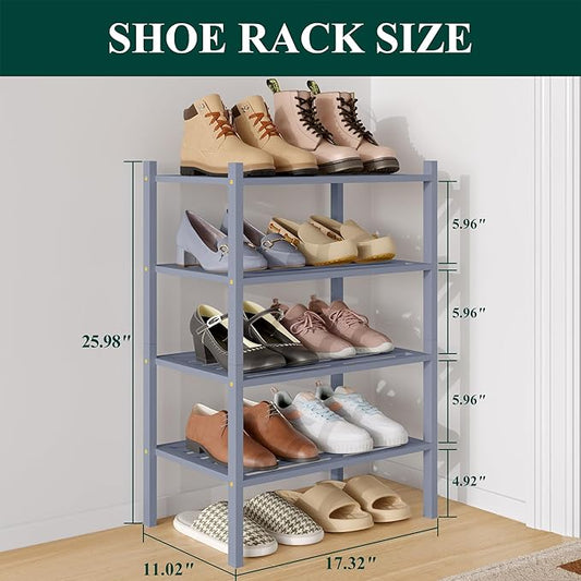 Smiry Small Bamboo Shoe Rack 4-Tier, Stackable Wooden Shoe Organizer for Entryway & Closet, Free Standing Wood Shoe Storage Shelf for Front Door & Small Spaces, Grey
