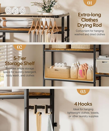 Homde Over The Washer and Dryer Storage Shelf, 5-Tier Heavy Duty Laundry Room Organizer Standing Shelf with Hanger Rod & Anti-Tip, Space Saving Rust Proof Shelving for Bathroom, Balcony