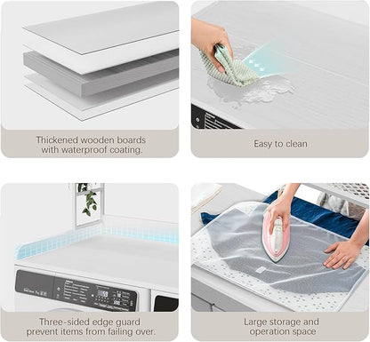 DTK Washer Dryer Countertop with Shelf, 27.55" Depth x 54" Width Laundry Wood Top Cover with Anti-Slip Strips, Over Washer and Dryer Wood Countertop with Edge Rails, White