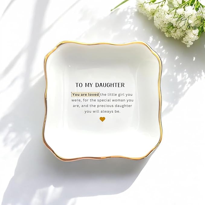HatafaFurni Ring Dish Holder for Daughter from Mom, To My Daughter Ceramic Jewelry Trinket Dish, Daughter Gifts from Mom for Graduation Christmas Wedding - You Are Loved For the Little Girl You Were
