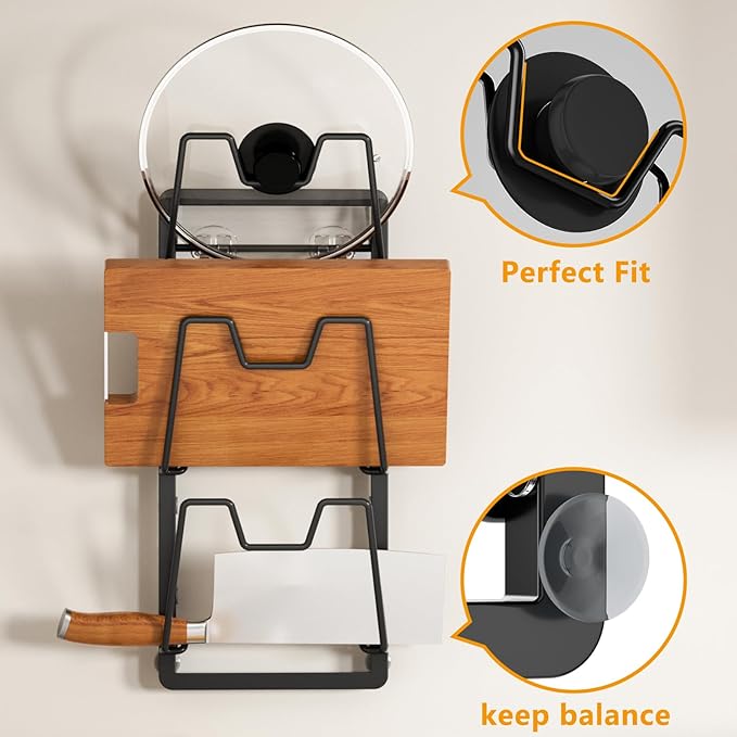 FEZHI pot lid organizer Rack, 3-tier adjustable and removable Pot Lids Holder for Kitchen Cabinet Door/Wall, No Drilling Adhesive Wall/Door Mounted Rustproof pots and pans organizer under cabinet.