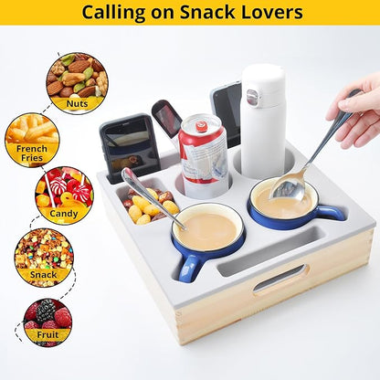 KindGa Couch Cup Holder, Waterproof Anti-Spill Couch Drink Holder for Snacks Beverage Remote, Food Grade Silicone Wooden Couch Caddy for Bed Car Seat Beach Tray (Beige)