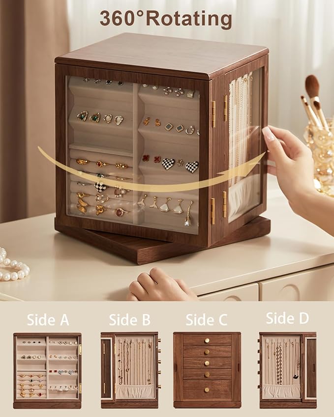 Homruilink Black Walnut Wooden Jewelry Box - 360° Rotating Jewelry Organizer for Women with 5 Drawers for Rings,Necklaces,Earrings and Bracelets -Large Storage Case - Valentines Day Gifts for Her