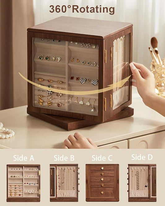 Homruilink Black Walnut Wooden Jewelry Box - 360° Rotating Jewelry Organizer for Women with 5 Drawers for Rings,Necklaces,Earrings and Bracelets -Large Storage Case - Valentines Day Gifts for Her