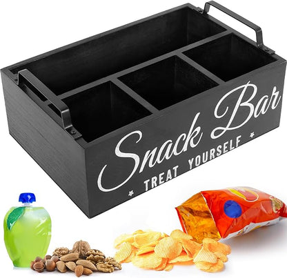 Snack Organizer for Countertop, Wood Pantry Storage Bins with Handles, Snack Bar Organizer for Pantry Shelf, 4 Compartment Food Container Box, Kitchen Storage Organizer for Nut,Chips,Beverage (Black)