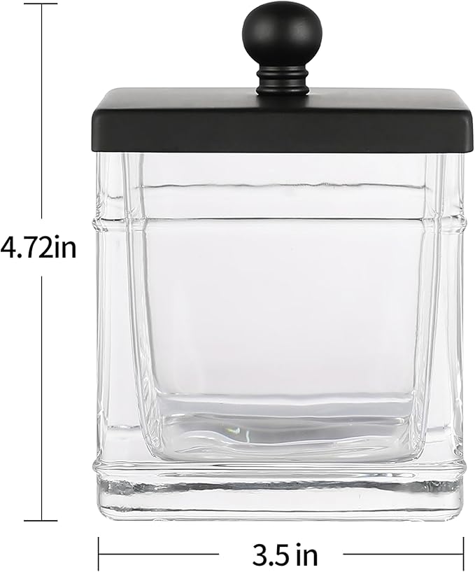 Indecor Home Glass Cotton Jar Holder 2 Pack– Matte Black Lid, Elegant Bathroom Storage Canister for Qtips, Cotton Balls, Floss, Makeup Organizer, Vanity & Bathroom Organization