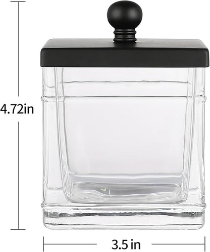 Indecor Home Glass Cotton Jar Holder 2 Pack– Matte Black Lid, Elegant Bathroom Storage Canister for Qtips, Cotton Balls, Floss, Makeup Organizer, Vanity & Bathroom Organization