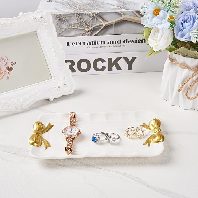 COZITED Bow Jewelry Tray Ceramic Trinket Dish for Rings Earrings Necklaces Bracelet Watch Keys, Ring Dish Plate Key Bowl Room Decor Aesthetic Vanity Perfume Tray, Gifts for Women, 6.69"