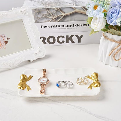 COZITED Bow Jewelry Tray Ceramic Trinket Dish for Rings Earrings Necklaces Bracelet Watch Keys, Ring Dish Plate Key Bowl Room Decor Aesthetic Vanity Perfume Tray, Gifts for Women, 6.69"