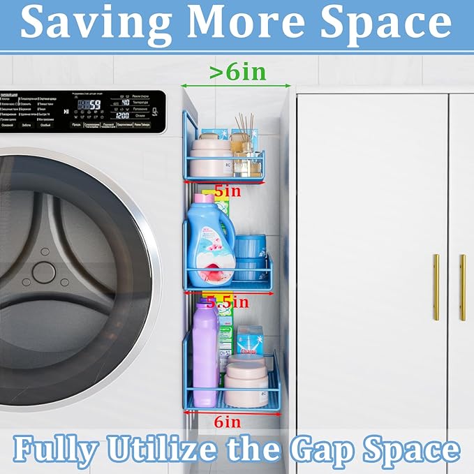 Magnetic Shelf for Washing Machine 4-Pack: Widen Magnetic Laundry Organizer (5"-6") with Hanger Organizer, Strong Magnet, Rust Proof, Heavy Duty Magnetic Spice Rack for Refrigerator (Blue)