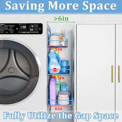 Magnetic Shelf for Washing Machine 4-Pack: Widen Magnetic Laundry Organizer (5"-6") with Hanger Organizer, Strong Magnet, Rust Proof, Heavy Duty Magnetic Spice Rack for Refrigerator (Blue)