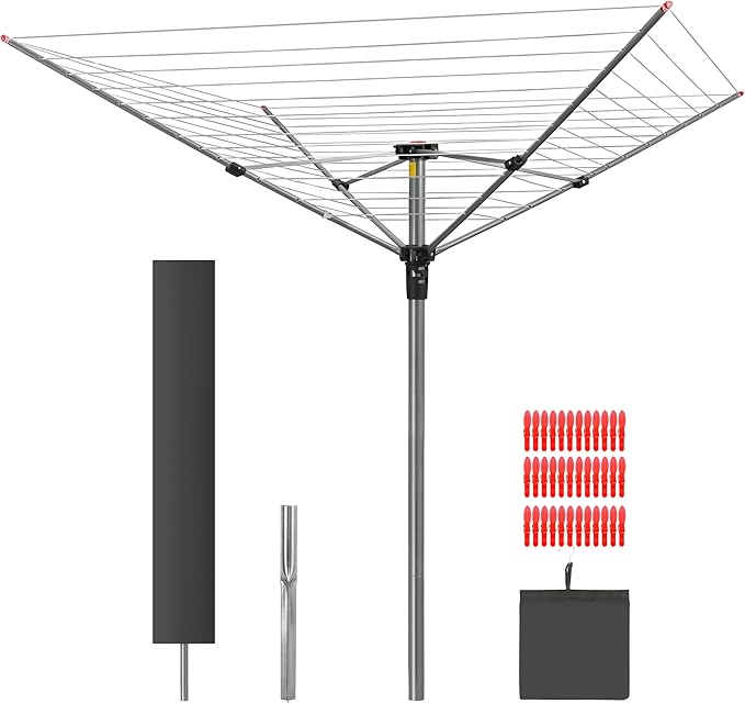 Outdoor Clothes Drying Rack, Portable Umbrella Clothesline, 4-Arm 12 Lines of 164 Ft Hanging Space, Height Adjustable Outdoor Rotary Drying Rack, Foldable Laundry Drying Rack for Backyard