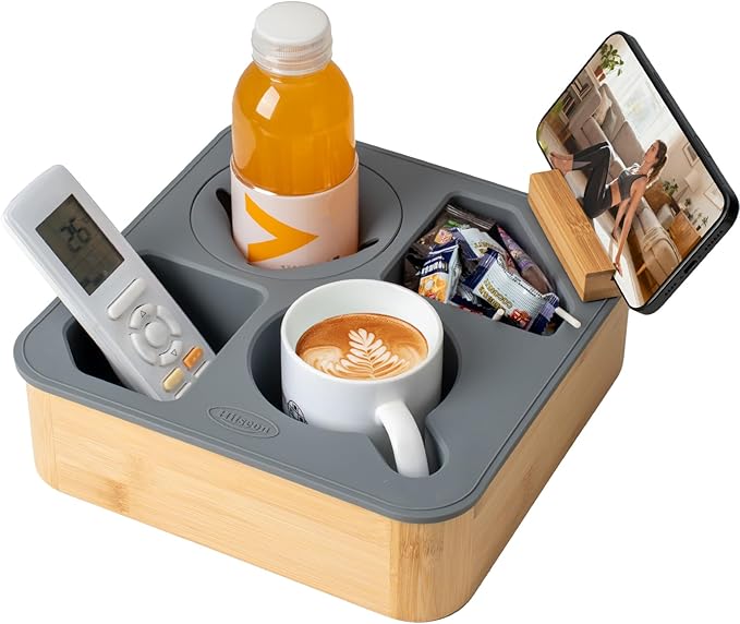 Couch Cup Holder Tray, Bamboo Couch Caddy with Rotatable Phone Holder for Bed Organizer, Waterproof Anti-spill Sofa Cup Holder for Snacks Beverage Remote Grey